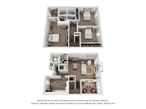 a stylized 3d floor plan with a bedroom and a living room